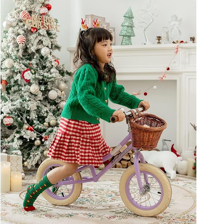 ACEGER 12" Kids Balance Bike with Basket, Toddler Bicycle for Early Learning Leg Strength and Steady Balancing, Durable Frame&Tool-Free Adjustable Seat, Gift Bike for 2-5 Kids, No Brake