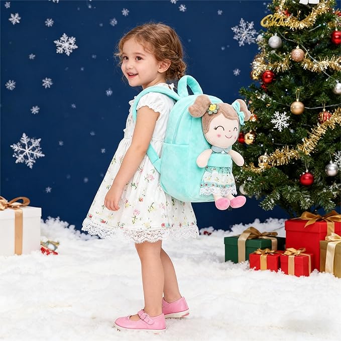 Gloveleya Kids Backpacks Girls Backpack Plush Bags with Soft Baby Doll Green 9"