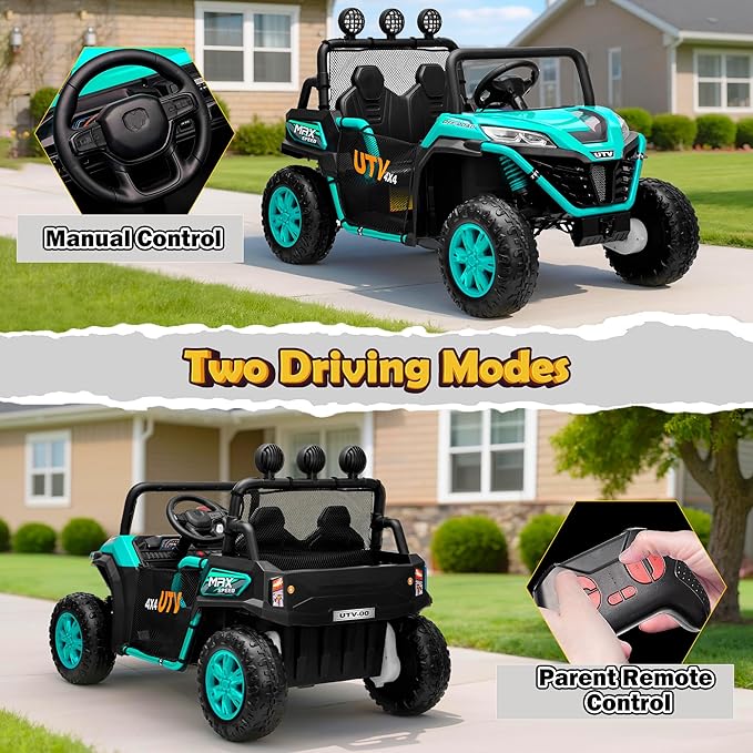 2 Seater 24V Ride On Toys for Big Kids, Electric UTV Car with Remote Control, 4-Wheeler Suspension, Soft Start, Bluetooth, MP3, Lights, Ride on Truck Kids 3 Years+, Green