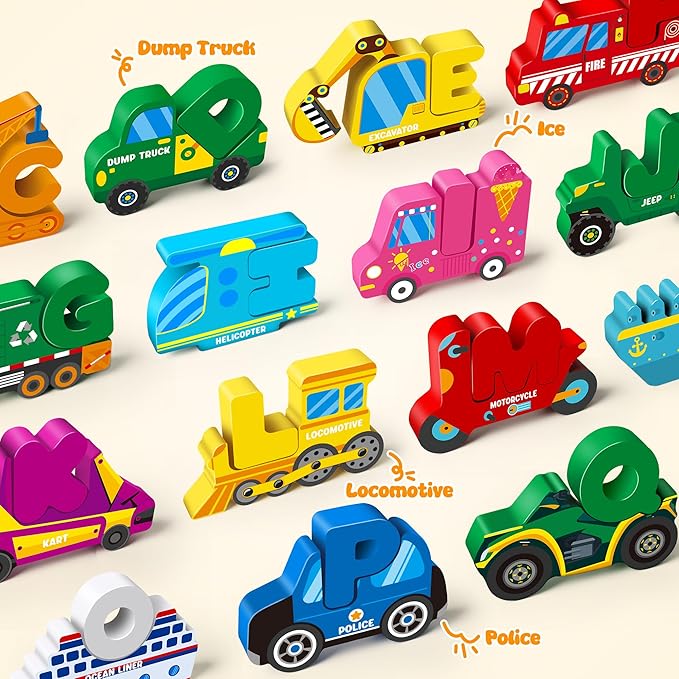 Vanmor Wooden Vehicle Alphabet Puzzle for Toddlers, Traffic ABC Letter Sight Words Matching Game with 52 Blocks and Flash Cards, Montessori Spelling Game Learning Toys, Stocking Stuffer for Kids 3-5