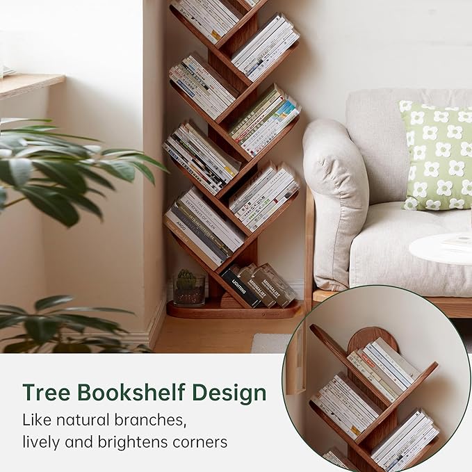 10 Tiers Bookshelf, Standing Tree Bookshelf, Creative Multi-Layer Bookcase, Standing Bookcase Rack Book Storage Organizer Shelves for Study, Bedroom, Office Walnut