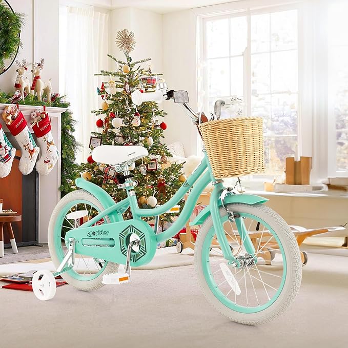 BABY JOY Kids Bike, 14 16 18 Inch Retro Kids Bicycles for 3-8 Years Old Children with Training Wheels, Adjustable Height, Rattan Basket, Handbrake & Coaster Brake, Boys Girls Bike (Pink, Green, Blue)