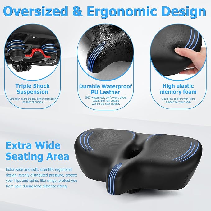 Oversized Bike Seat for Men & Women Comfort, Extra Wide Bicycle Seat Cushion, Comfortable Wing Padded, Large Replacement Saddle for Peloton, Stationary Exercise Bike, Ebike, Cruiser, City Bike