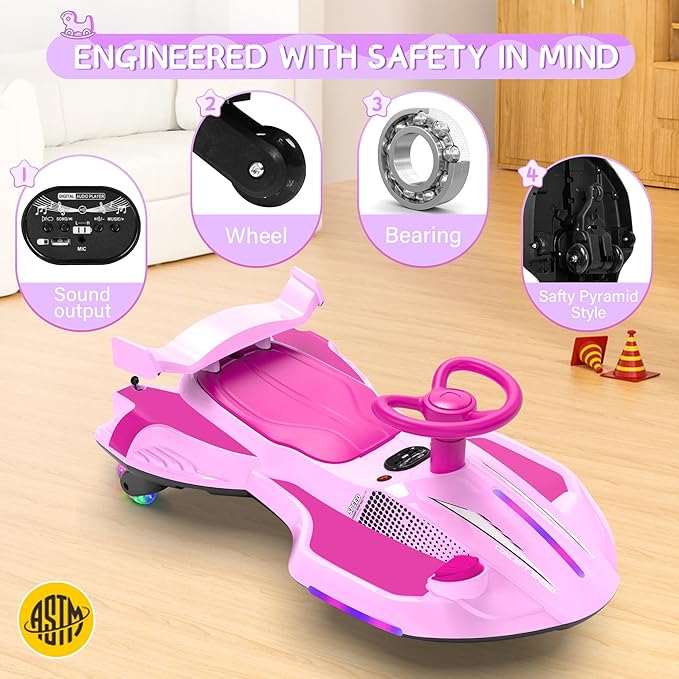 12V Electric Wiggle Car with Pedal for Kids, Rechargeable 2 in 1 Swing Car, Drifting Ride On Toys with Backrest, Anti-Rollover, Spray, Flashing Light, Music, for Ages 3 and Up, 150 Lbs (Pink)