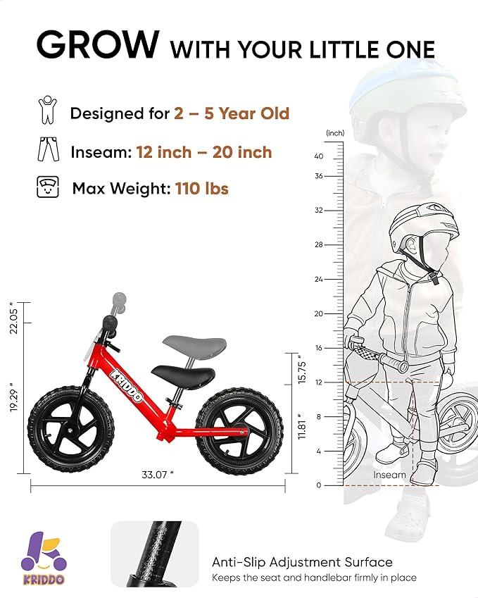 KRIDDO Toddler Balance Bike 2 Year Old, Age 18 Months to 5 Years Old, 12 Inch Push Bicycle with Customize Plate (3 Sets of Stickers Included), Steady Balancing, Gift Bike for 2-3 Boys Girls, Red