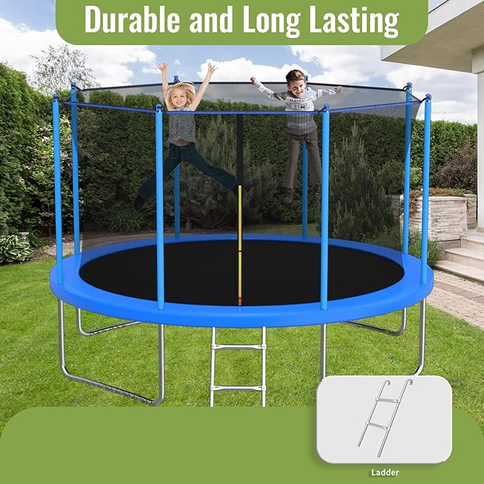 10FT/12FT/14FT Trampoline for Kids and Adults - Outdoor Trampoline with Safety Net - Anti Rust - ASTM Approved - Blue