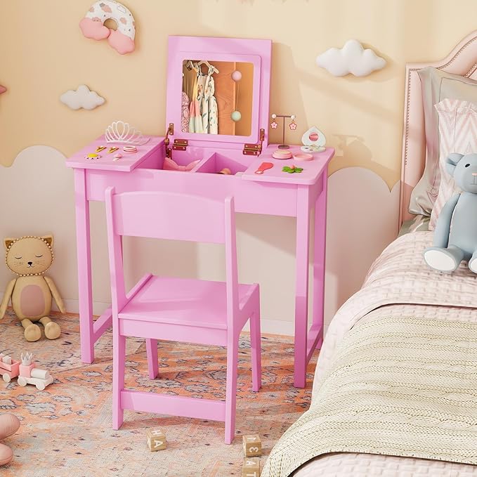 Costzon Kids Vanity, 2 in 1 Girls Vanity Set with Flip Top Mirror, Hidden Storage Space, Wooden Toddler Makeup Vanity Desk Dressing Table, Kids Vanity Table and Chair Set (Pink)