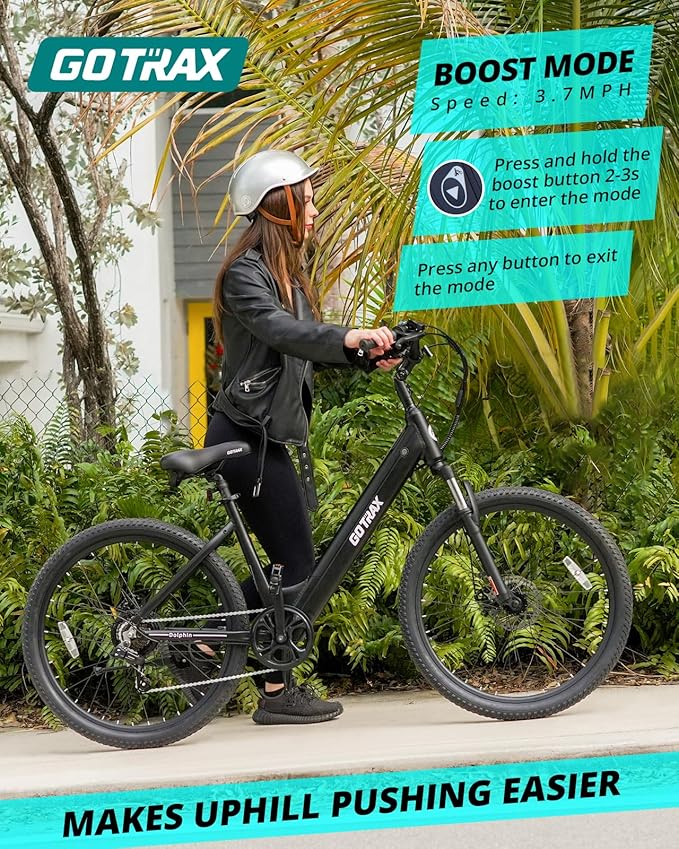 Gotrax Dolphin 26" Electric Bike, Max Range 30Miles(Pedal-assist1) & 20Mph Power by Peak 500W, 5 Pedal-Assist Levels & Front Suspension, 7-Speed&Boost Mode, City E-Bike for Adult, Step-Thru Bicycle