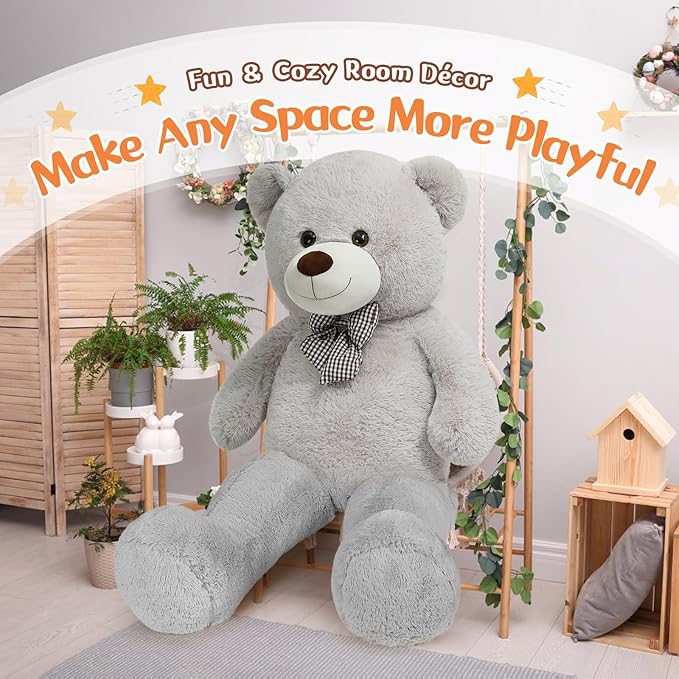 MorisMos Bow Tie Giant Teddy Bear, 55inch Large Big Teddy Bear Plush, Lifesize Stuffed Animals for Girlfriend, Boyfriend, Gray