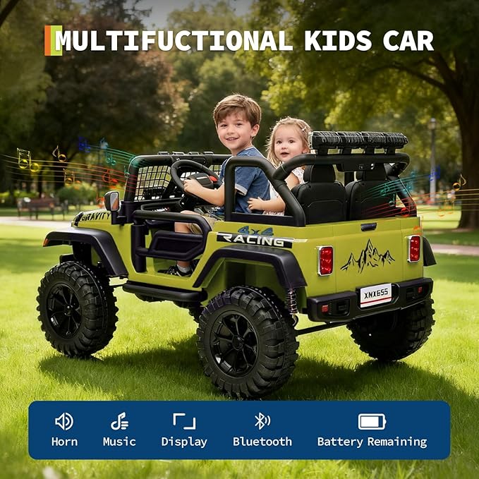 24V Ride on Car for Kids, 2 Seater Electric Truck with Parent Remote Control, Spring Suspension, 2 Speeds, LED Headlight & Music Player, Kids Electric Vehicle for Aged 3-8 Years, Green