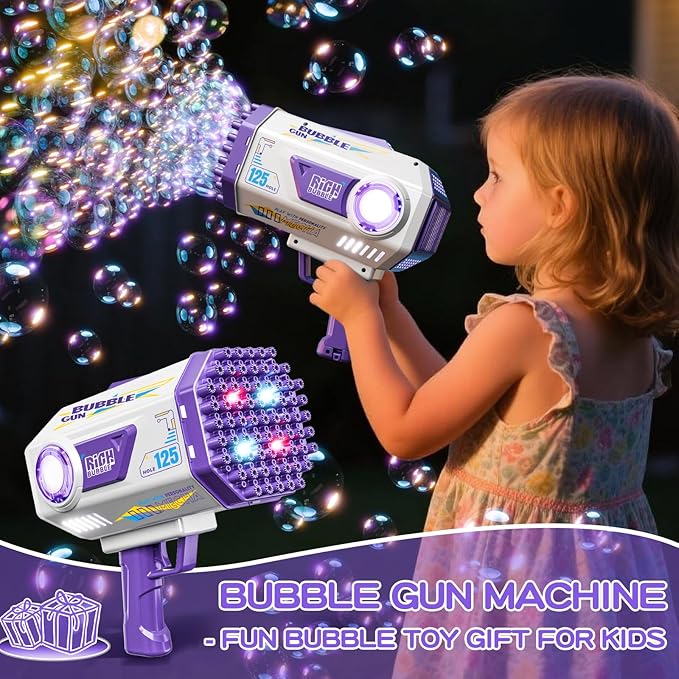 Bubble Gun, 125 Holes Bubble Machine Gun, Bubble Blaster Gun for Kids, Rechargeable Bubble Gun with Bubble Solution, Halloween Toy Party Favors Bubble Maker for Wedding Birthday (Purple)