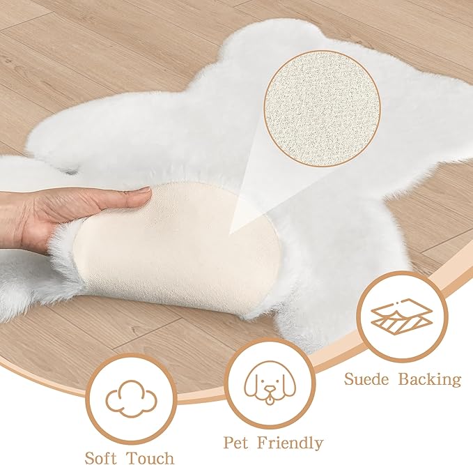 2ft White Small Bear Shag Rug, Soft Fluffy Faux Sheepskin Fur Rug Fuzzy Shaggy Area Rug Cute Plush Carpet for Nursery Kids Girls Bedroom Room Aesthetic Living Room Floor Home Decor, White