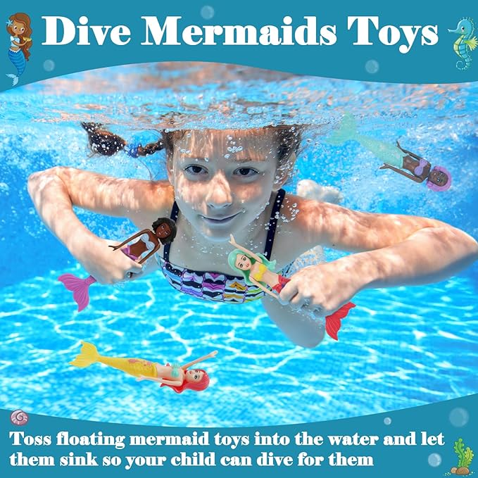 6 PCS Mermaid Dive Toys Set Sinking Pool Bathtub Games Dolls Colorful Underwater Diving Mermaids for Kids Girls Aged 3-12 Non-Repeating Designs for Swimming Skills Training Spring Summer Beach Fun