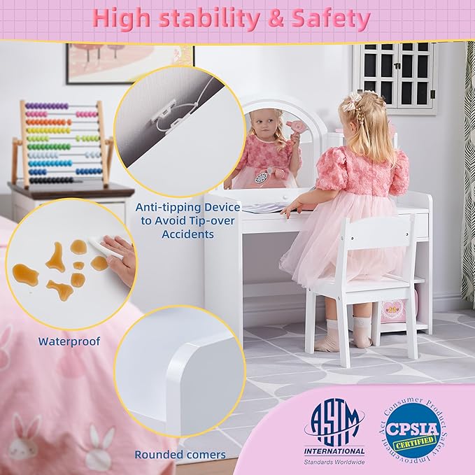 Kids Vanity with Lights, Princess Vanity Set with Drawer and Storage Shelves, 2 in 1 Toddler Makeup Vanity with Lighted Mirror, Girls Vanity Set with Stool for Little Girls (White)