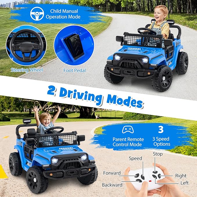 Costzon Kids Ride on Car Truck, 12V Electric Vehicle w/Foldable Mirrors, 3 Speeds, LED Lights, Music & Horn, Ride on Toys Remote Control Car for Toddlers, Boys & Girls (Blue,34" × 23" × 21")