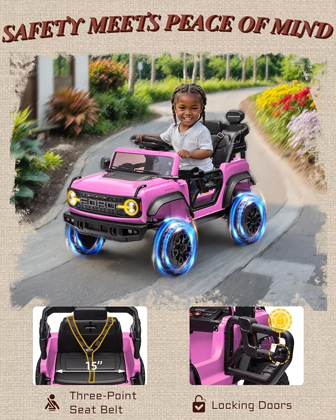 12V Electric Ride on Toys for Toddler, Ford Bronco Raptor Kids Ride on Car with Remote Control, 12 Volt Battery Powered Cars for Children with Smooth Start, Bluetooth (12V, Pink)