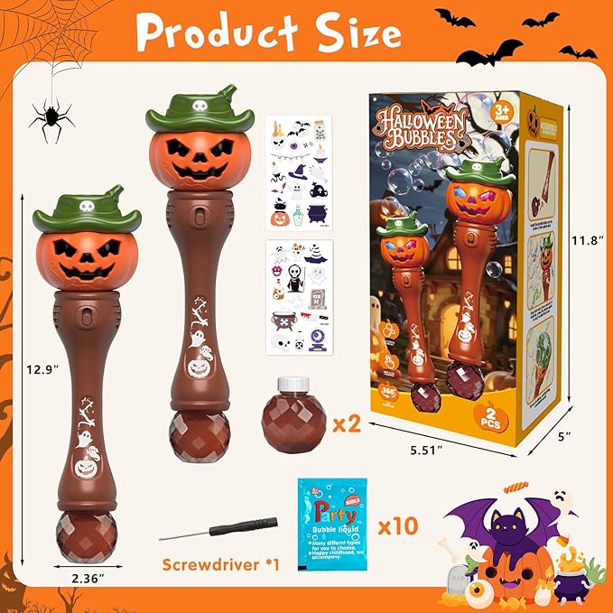 Halloween Pumpkin Bubble Wand for Kids - 2 Pack Automatic Bubble Machine Blower Toys for Toddlers 3-8 with LED Lights, Music Function, DIY Stickers,10 Refill Solutions, Halloween Party Favors Gifts