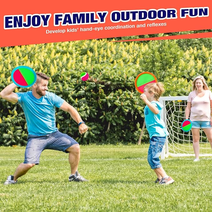 Kids Outdoor Toys - Toss and Catch Game Set, Outside Yard Camping Beach Pool Toys Games for Boys Girls 3 4 5 6 7 8 9 10 Year Old, 4 Paddles 4 Balls (Blue+Orange)