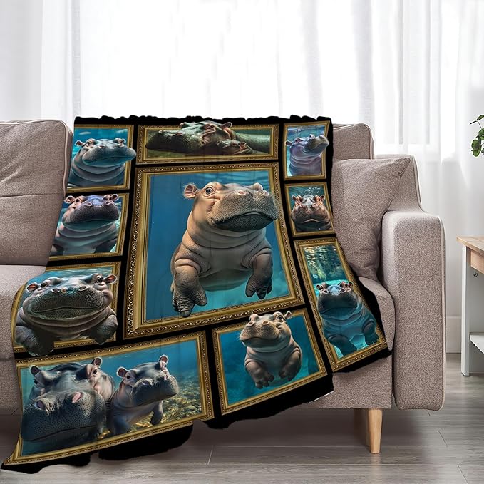 Hippo Throw Blanket Ultra Soft Cozy Cute Fleece Fuzzy Plush Lovers Decor Gifts for Women Girls Adults Couch Sofa 80"x60"