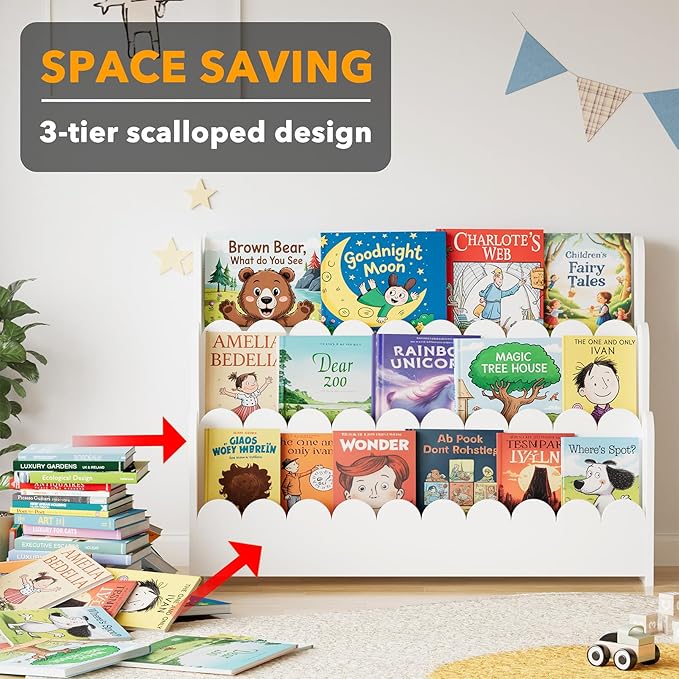 SpaceAid 3-Tier Scalloped Bookshelf, Montessori Bookcase for Toddlers, Wooden Book Shelf Organizer Display Furniture for Kids Rooms, Playroom, Nursery and Classroom, 36.7“ Wide, White