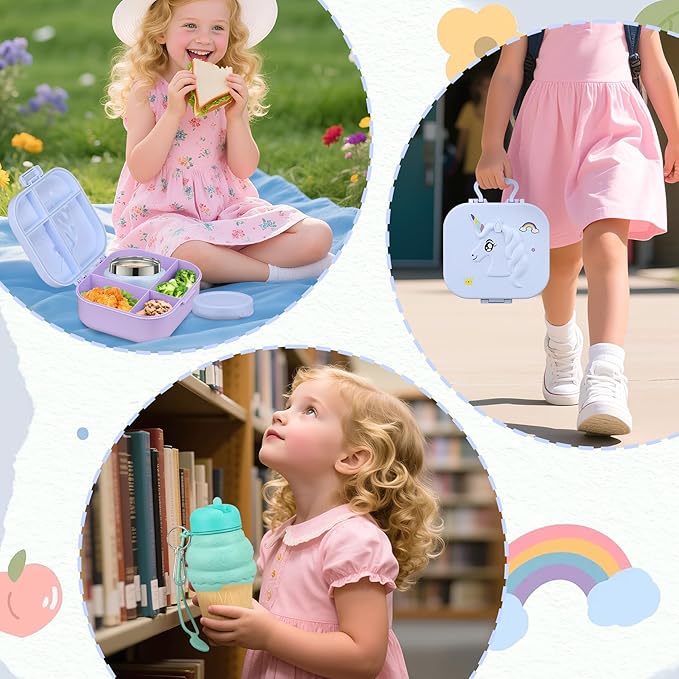 Kids Lunch Box Set -12oz Insulated Food Jar, Thermal Bag,Leakproof Lunch Food Containers Cutlery (BPA Free)-Gift for Girls/Boys Age 3-10(Blue+Blue Jar)