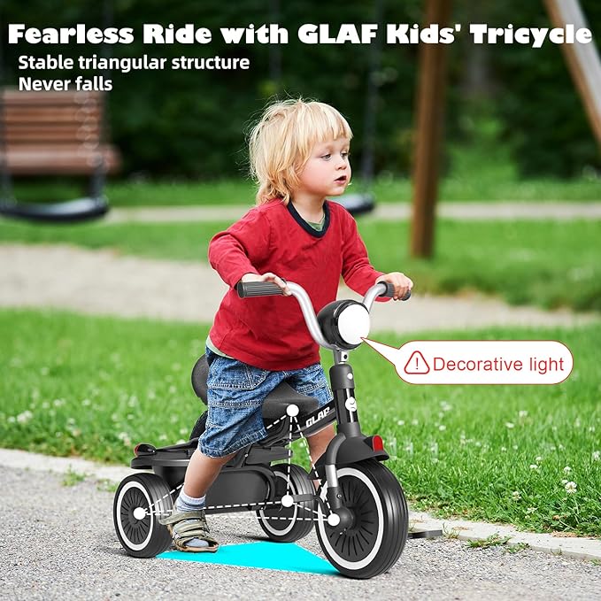 Glaf Toddler Bike for 2-5 Year Olds Tricycle for Toddler 1-3 Kids Tricycle Baby Bike with Adjustable Seat and Storage Basket Kids Trike Toys & Birthday Gifts for 1+ Years Old Boys Girl (Black)