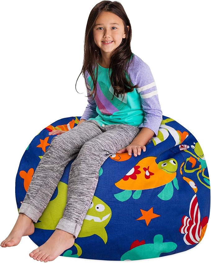 Posh Stuffable Kids Stuffed Animal Storage Bean Bag Chair Cover - Childrens Toy Organizer, Large-38 - Canvas Sea Creatures on Blue