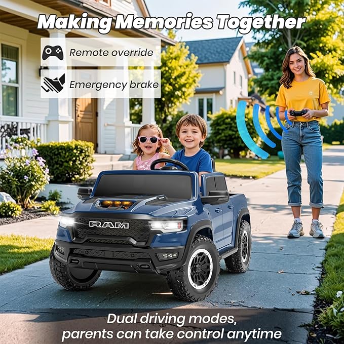 2 Seater Electric Car Licensed RAM 1500 RHO, 24V Kids Ride On Truck w/Remote Control, Toddler Ride on Car Toys w/LED Lights, Bluetooth, Music, Truck Bed Storage, Soft Start (Blue)