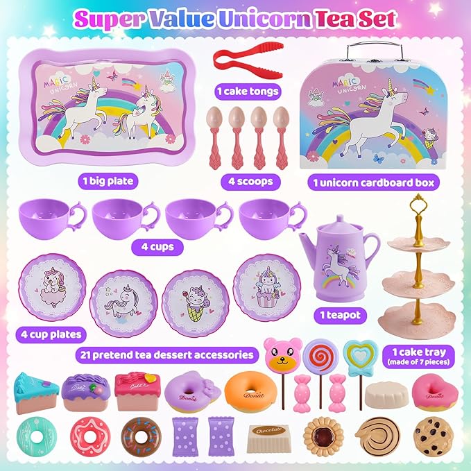 Motiloo 44Pcs Unicorn Tea Party Set for Little Girls - Kid Plastic Tea Party Set Princess Tea Time Pretend Play Tea Set Toys with Carrying Case