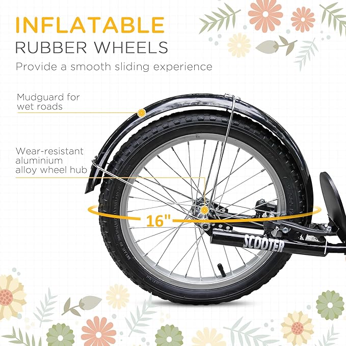 Aosom Youth Scooter, Kick Scooter with Adjustable Handlebars, Double Brakes, 16" Inflatable Rubber Tires, Basket, Cupholder