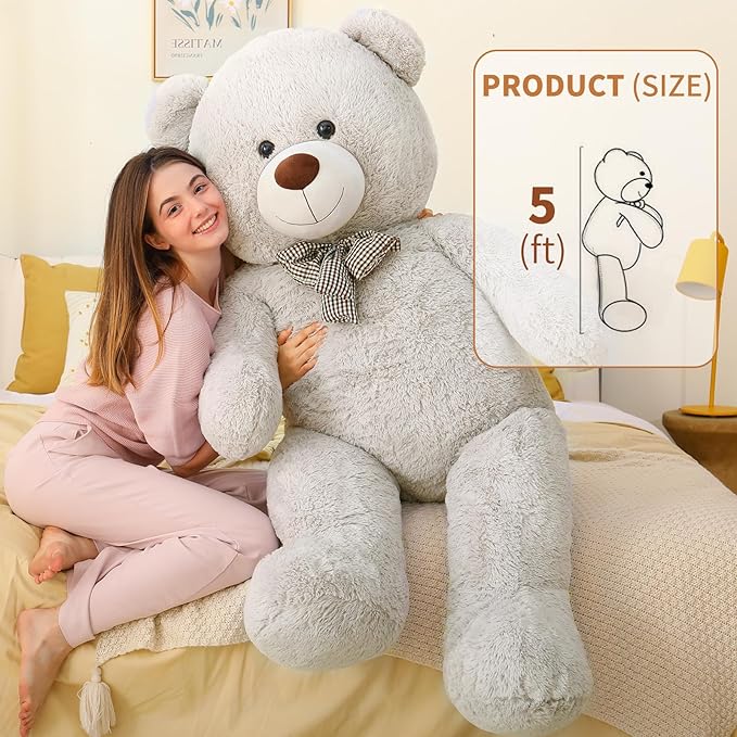 MaoGoLan Giant Teddy Bear Plush 5 Feet, Life Size Large Stuffed Animal 5 Feet,Soft and Fluffy Big Teddy Bear Gift for Baby Shower,Christmas,Valentines,Gray