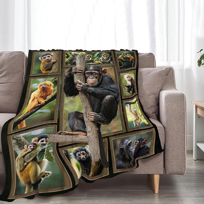 Monkey Blanket Chimpanzee Animal Throw Blankets Gifts for Girls Boys Kids Monkey Lover Soft Cozy Fleece Plush for Couch Sofa Bed 50"x40"