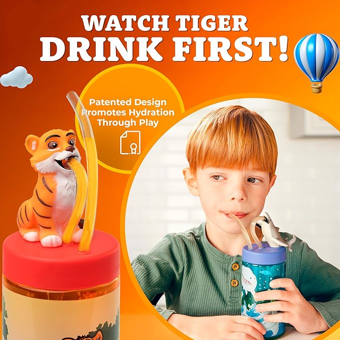 Kids Water Bottle, Toddler Cups, Tumbler with Lid and Straw, Travel Sippy Cup for Water or Milk, Kids Cups with Lids for Toddlers 3 and Up, BPA Free Plastic, 12 oz (Zoo Bengal Tiger)