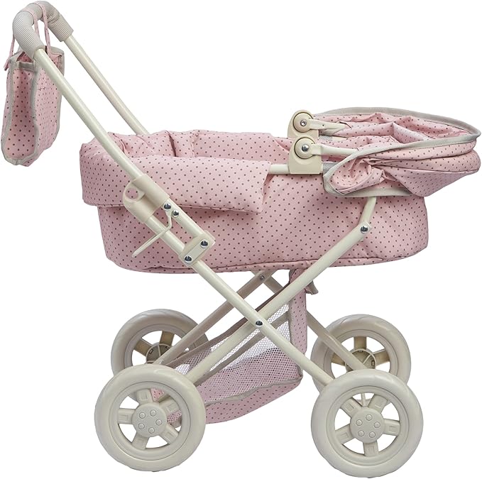 Olivia's Little World Buggy-Style Baby Doll Stroller with Retractable Canopy, Storage Underneath, Detachable Bassinet, Travel Nursery Bag, Comfortable to Push, Pink and Gray