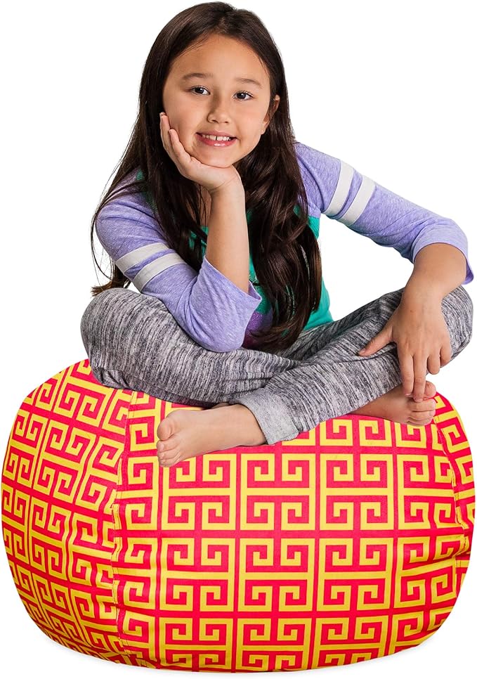Posh Stuffable Kids Stuffed Animal Storage Bean Bag Chair Cover - Childrens Toy Organizer, Medium 27" - Pattern Scrolls Red and Yellow