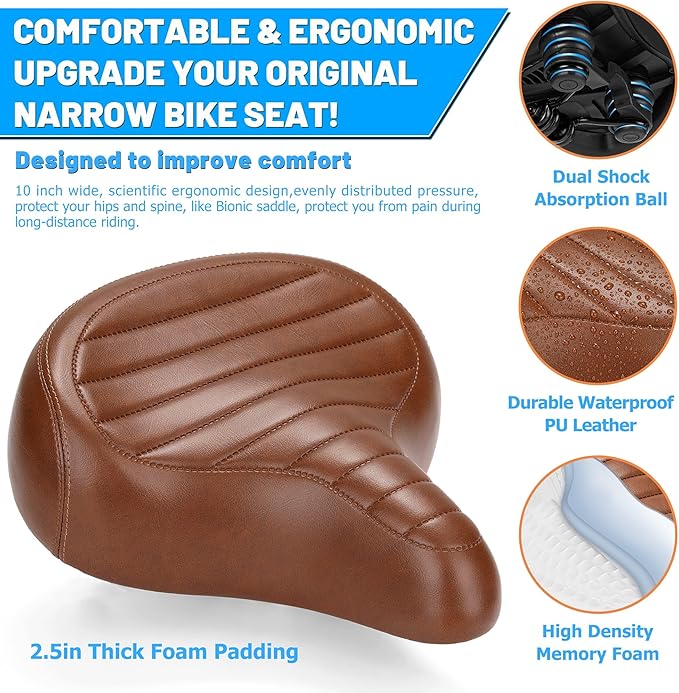 Wide Bike Seat for Men Women Comfort, Large Soft Padded Bicycle Seat Cushion, Oversized Comfortable Replacement Saddle for City & Mountain Bicycle, Beach Cruiser, Ebike, Scooter, Stationary Bike