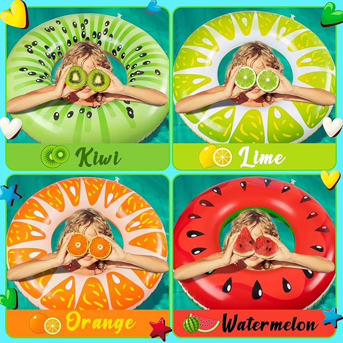 90shine 4PCS Fruit Pool Floats: Watermelon Kiwi Orange Lime Swimming Rings - Inflatable Tubes Floaties Toys for Kids Adults