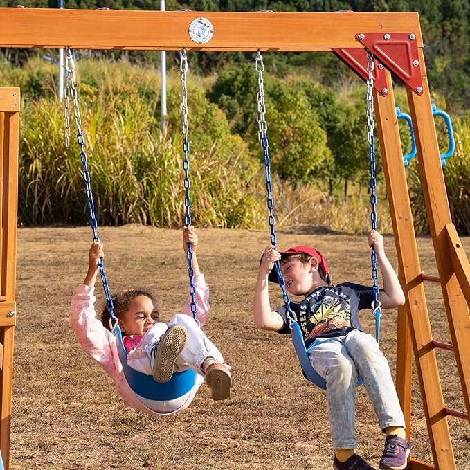 Dolphin Playground Wooden Swing Sets for Backyard with Monkey Bar, Outdoor Playset for Kids with 2 in 1 Outdoor Table, Wave Slide, Climbing Wall, and 2 Belt Swings, Heavy Duty Playground Accessories