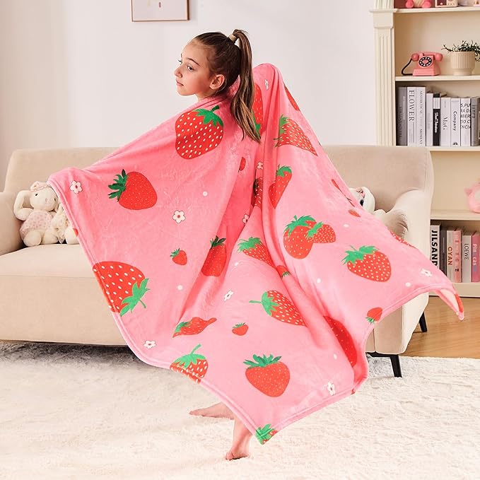 Wajade Kids Pink Strawberry Throw Blanket for Girls Teens Women Soft Fuzzy Flannel Bed Blanket for Kids Adults Plush Christmas Birthday Gifts 60”x80”