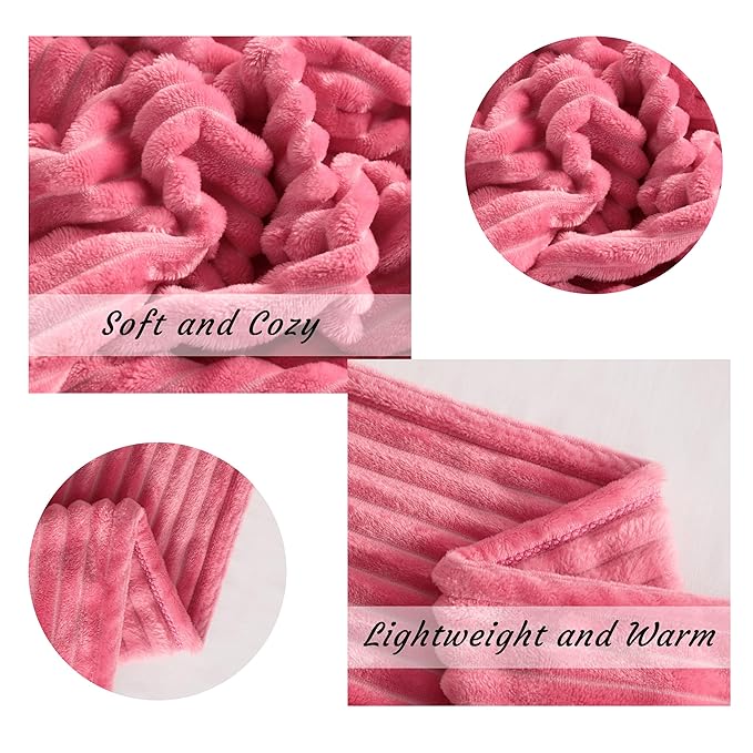 NTBAY Plush Flannel Twin Bed Blanket, 60x80 Inches Soft and Warm Lightweight Bed Blanket with Striped Texture for Couch, Sofa, All Seasons, Coral Pink