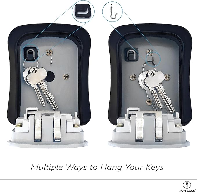 Iron Lock® Wall Mount Key Lock Box for Keys 4 Digit Combination with Resettable Code with A B Switch Indoor Outdoor Waterproof House Key lockbox for Spare House Keys 5 Capacity (Medium, Grey)