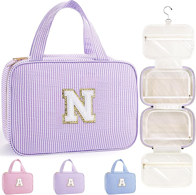 TOPEAST Hanging Toiletry Bag for Women - Travel Toiletry Bag Makeup Bag, Portable Toiletries Cosmetic Bag, Airplane Travel Essentials - Letter N, Purple