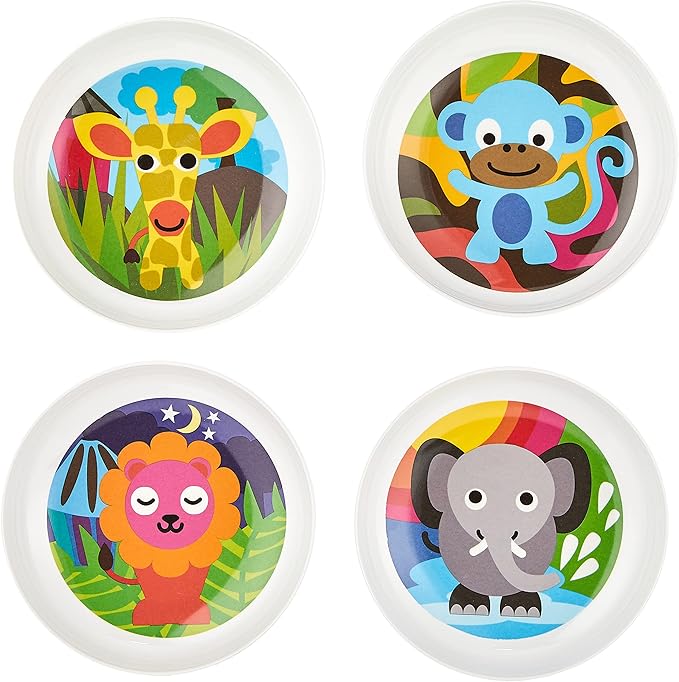 French Bull 4pc Toddler Kids Feeding Melamine Tableware Flatware BPA Free Dishwasher Safe, Durable Plate, Cup, bowl, Divided Tray Dinnerware Set, Jungle, 4pc bowl set (74291)