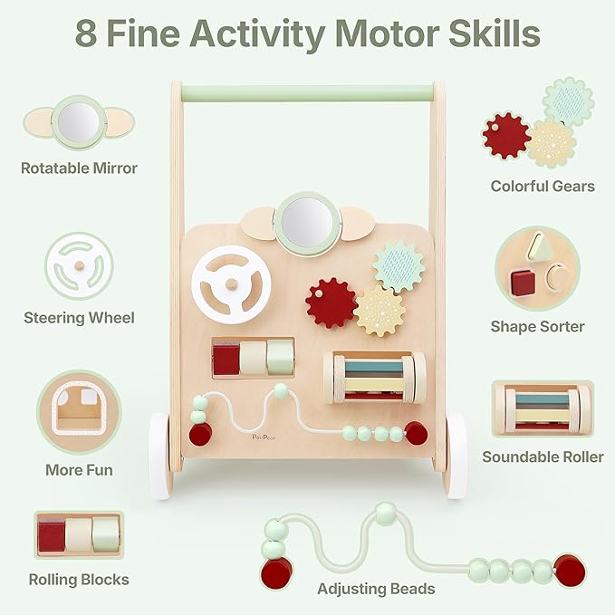 PairPear Wooden Baby Walker with Wheels, Baby Sit-to-Stand Baby Walker & Activity Cart, Montessori Activity Walker Busy Board for Baby Boys Girls 12m+(Sage Green)