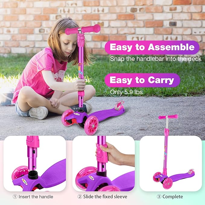 BELEEV Scooters for Kids 3 Wheel Kick Scooter for Toddlers Girls Boys, 4 Adjustable Height, Lean to Steer, Light up Wheels, Extra-Wide Deck, Easy to Assemble for Children Ages 3-12 (Rose Pink)