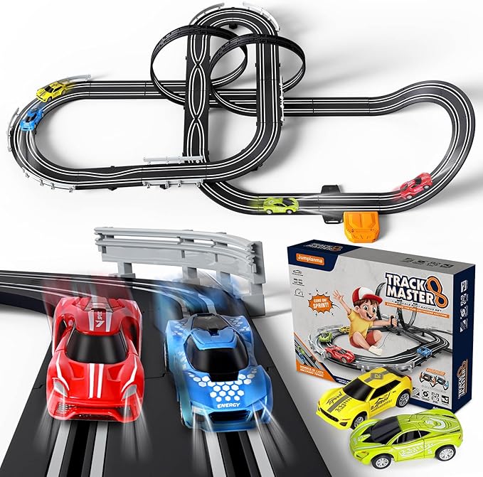 Slot Car Race Track Sets for Boys Kids,Battery or Electric Race Car Track with 4 High-Speed Slot Cars and 2 Hand Controllers,Dual Racing Game Lap Counter Circular Overpass Track Toys Age 6 7 8-12