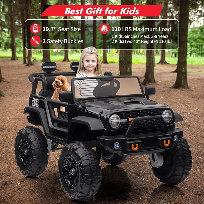 2 Seats 24V Kids Ride on Truck with Remote Control, Battery Powered Electric Ride Car Toy for 3-8 Years, 4 Motors,20" Seat Width for 2 Seaters, LED Light,Music,High/Low Speeds,Shovel, USB (Black)