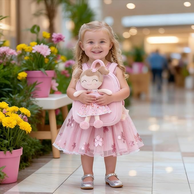 Gloveleya Kids Backpacks Girls Backpack Plush Bags Diaper Bag Backpack with Floral Doll Pink