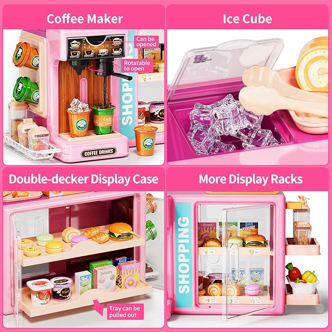 Kids Grocery Store Playset, Pretend Play Store with Kids Cash Register Scanner, Play Coffee Maker, Toy Foods,Play Money, Luxury Supermarket Toy Set, Preschool Toys for Kid Girls Gifts
