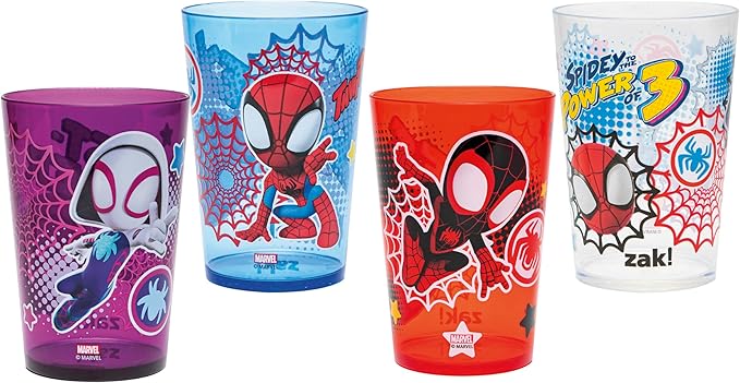 Zak Designs Marvel Spider-Man Nesting Tumbler Set for At Home, 14.5oz Non-BPA Plastic Cups, 4-Pack (Spidey and His Amazing Friends)